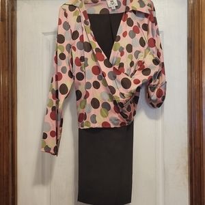 Polka dot satin wrap blouse with matching pants